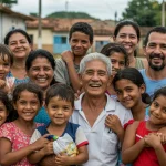 Famílias brasileiras diversas e felizes, beneficiadas por programas sociais, em um ambiente comunitário inclusivo e próspero.
