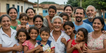 Famílias brasileiras diversas e felizes, beneficiadas por programas sociais, em um ambiente comunitário inclusivo e próspero.