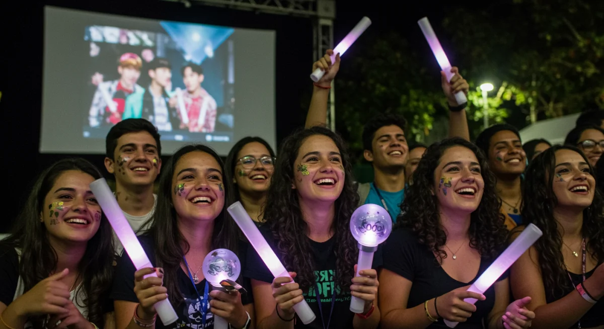 Jovens fãs brasileiros de K-Pop assistindo a um videoclipe, celebrando a cultura pop coreana e seu impacto no Brasil.