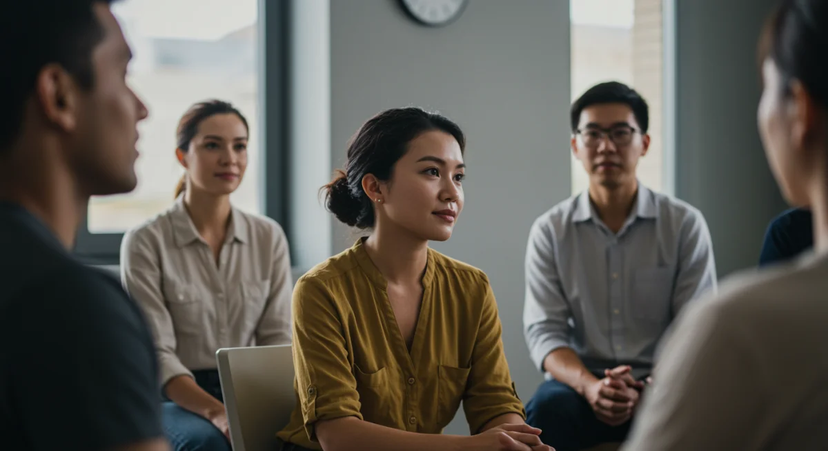 Grupo de apoio em sessão, com pessoas compartilhando e ouvindo ativamente, promovendo conexão e bem-estar.