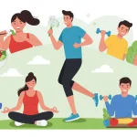 Prevenção Diabetes Tipo 2: 5 Hábitos Essenciais para 2025 Pessoas praticando hábitos saudáveis como alimentação equilibrada, exercícios e meditação para prevenção de doenças crônicas.