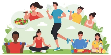 Pessoas praticando hábitos saudáveis como alimentação equilibrada, exercícios e meditação para prevenção de doenças crônicas.