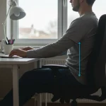 Pessoa trabalhando em home office com postura ergonômica correta, prevenindo dores nas costas.