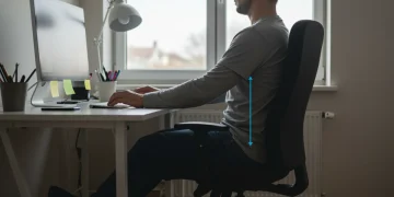 Pessoa trabalhando em home office com postura ergonômica correta, prevenindo dores nas costas.