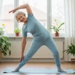 Atividade Física para Idosos: 3 Exercícios de Baixo Impacto Idosa sorrindo enquanto faz alongamento suave em um ambiente iluminado