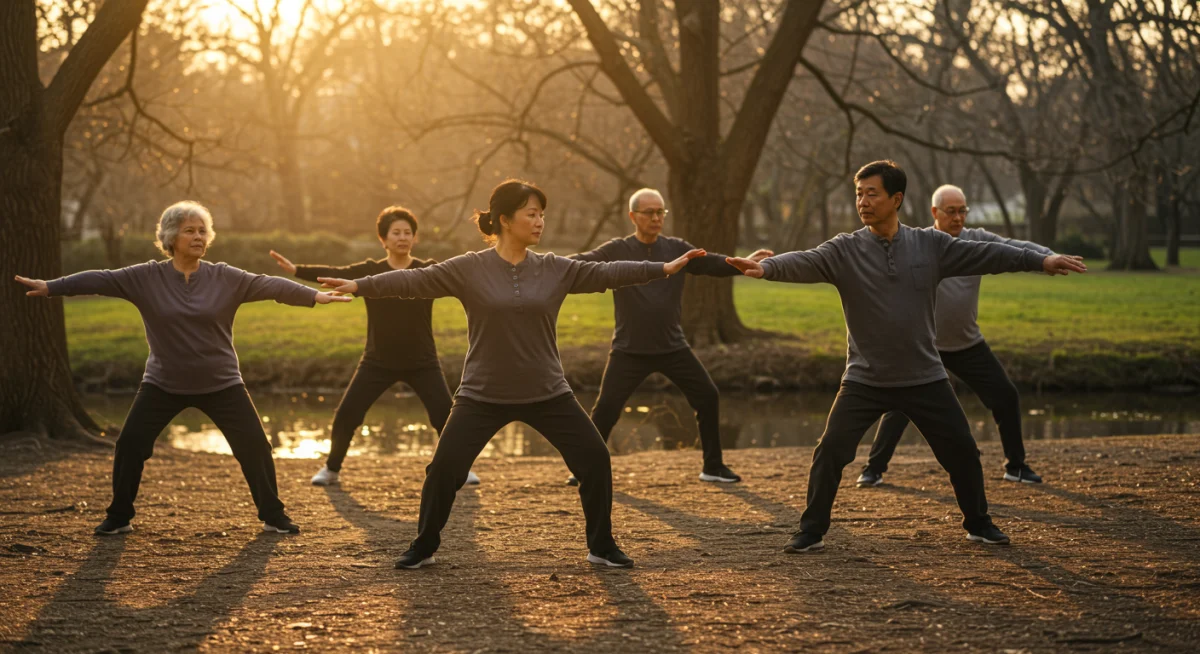 Grupo de idosos praticando tai chi ao ar livre no parque