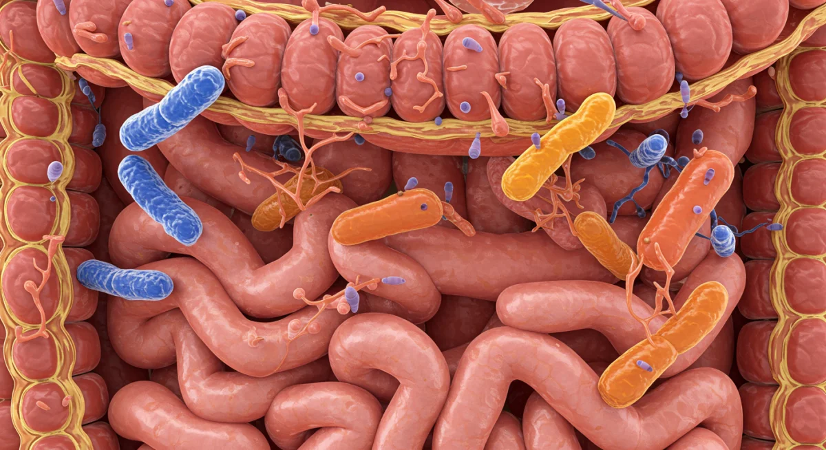 Ilustração do intestino humano e a diversidade de bactérias benéficas que compõem o microbioma.