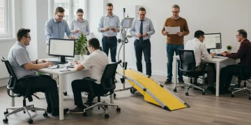 Profissionais diversos, incluindo pessoas com deficiência, trabalhando em um escritório moderno e acessível, simbolizando inclusão e acessibilidade.