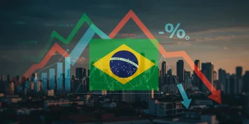 Gráfico econômico com setas indicando inflação de 3,8% no Brasil em 2025, meta do Banco Central.