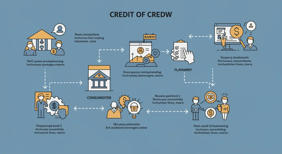 Infográfico detalhado sobre o fluxo de crédito, interligando bancos, consumidores e órgãos reguladores, destacando novas regras e taxas de juros.
