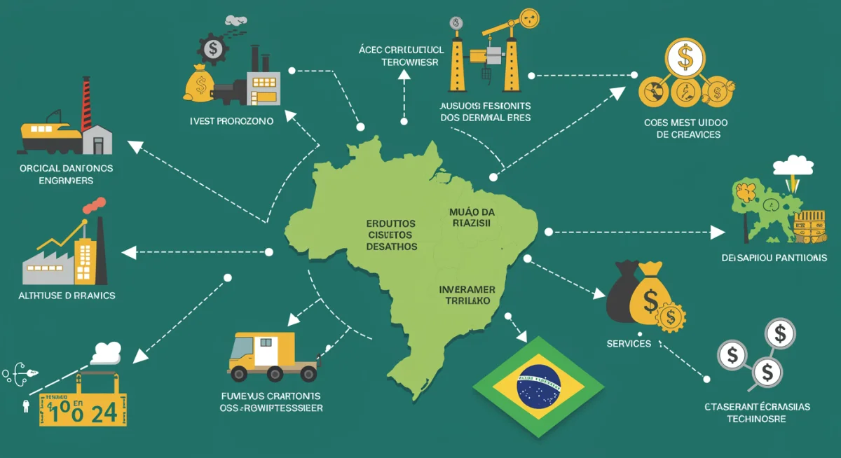 Infográfico detalhado mostrando setores econômicos brasileiros em crescimento e criação de empregos, com setas de políticas governamentais.