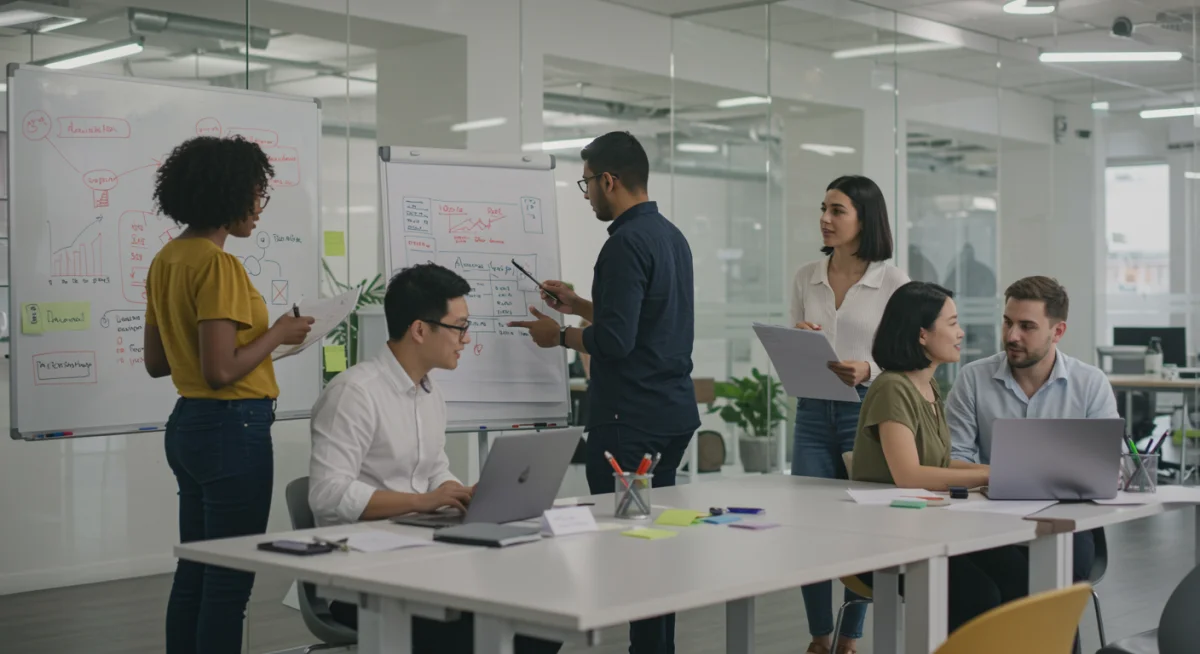 Profissionais colaborando em ambiente moderno, simbolizando inovação e estratégia no setor de serviços