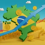 Mapa estilizado do Brasil com setas indicando o fluxo de investimento estrangeiro direto e gráficos de crescimento.