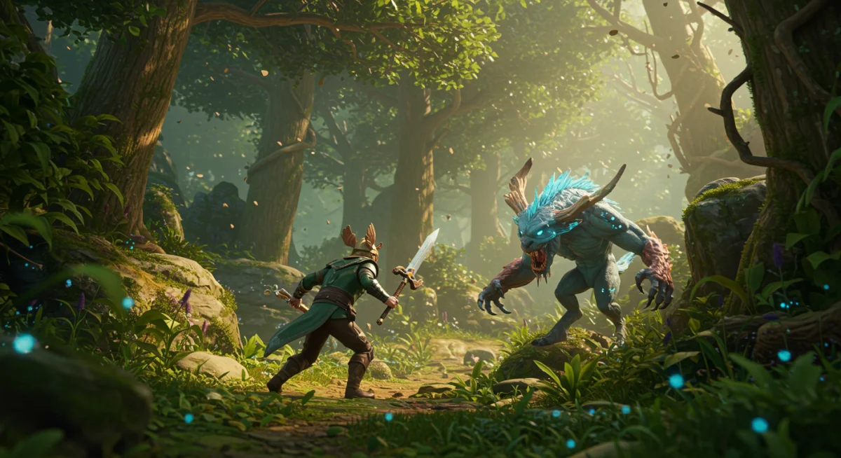 Cena de um jogo de aventura de 2025, com gráficos de última geração e um personagem heroico em combate numa floresta fantástica.