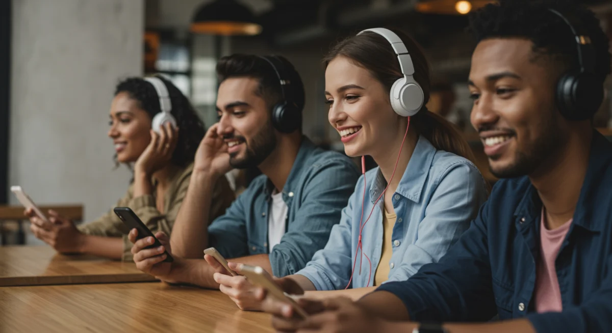 Jovens ouvindo podcasts de cultura pop em seus smartphones, em um ambiente descontraído.