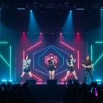 K-Pop 2025: Novas Bandas Dominam Paradas e o Mercado Brasileiro Novas bandas de K-Pop em um palco futurista com luzes neon, prometendo dominar as paradas em 2025 e impactar o mercado brasileiro.
