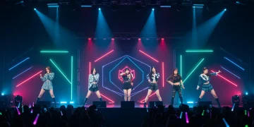 Novas bandas de K-Pop em um palco futurista com luzes neon, prometendo dominar as paradas em 2025 e impactar o mercado brasileiro.