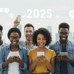 Pessoas diversas interagindo livremente com dispositivos digitais, simbolizando a liberdade de expressão na internet em um cenário futurista de 2025.
