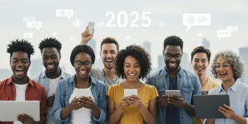 Pessoas diversas interagindo livremente com dispositivos digitais, simbolizando a liberdade de expressão na internet em um cenário futurista de 2025.