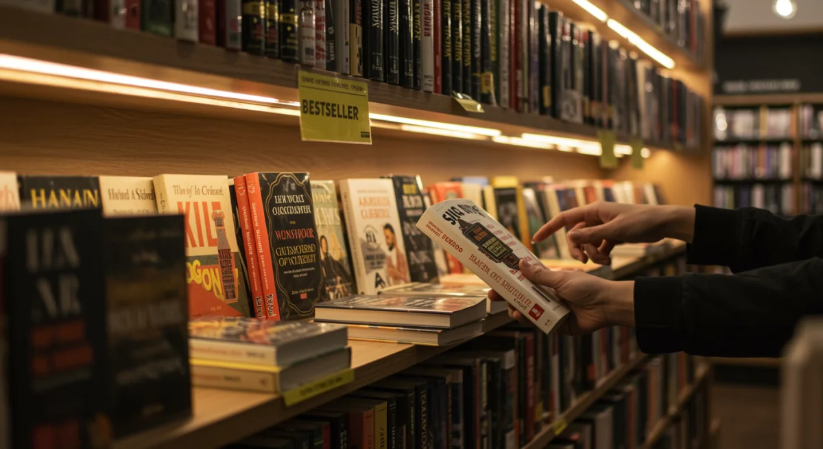 Livros de fanfics adaptadas em destaque nas prateleiras de uma livraria moderna