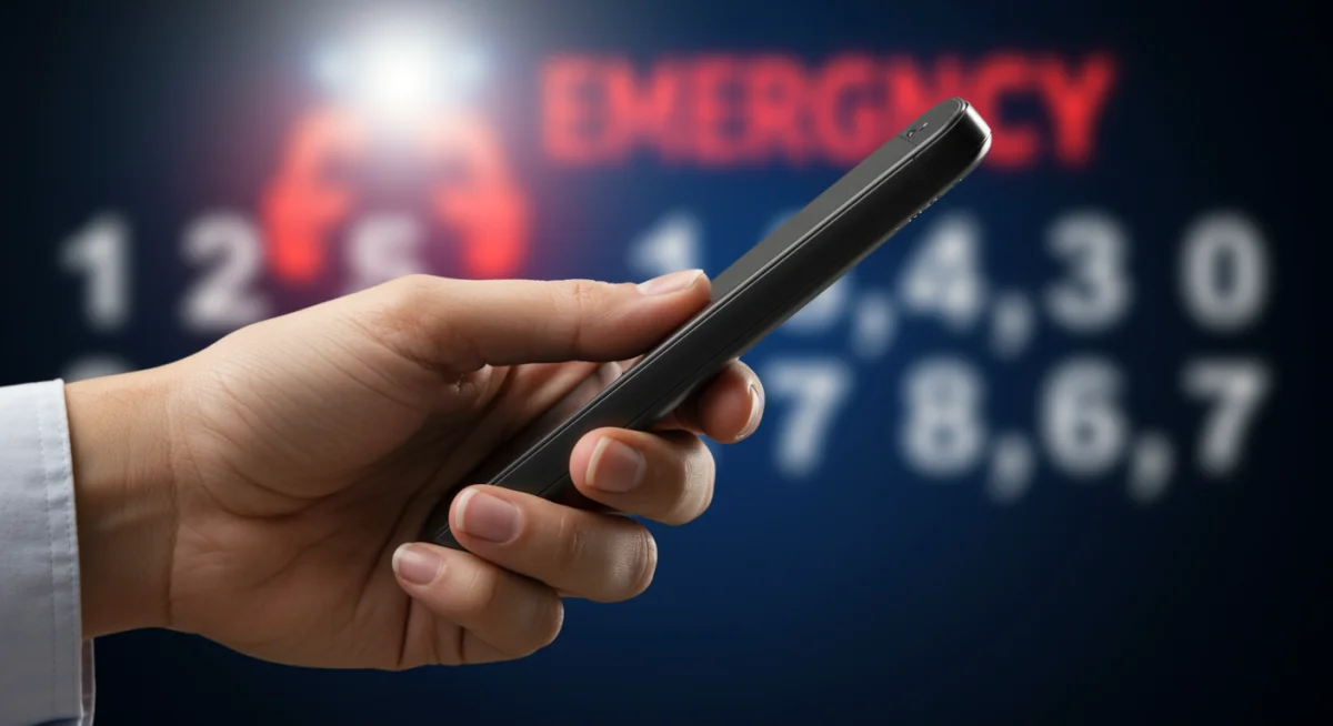 Mão discando número de emergência, simbolizando busca por ajuda imediata.