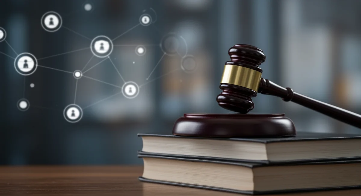 Martelo de juiz sobre livros de direito com fundo digital, simbolizando os limites legais da liberdade de expressão na internet.