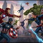 Super-heróis da Marvel e DC em confronto épico, simbolizando os lançamentos de filmes de 2025
