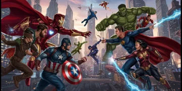 Super-heróis da Marvel e DC em confronto épico, simbolizando os lançamentos de filmes de 2025
