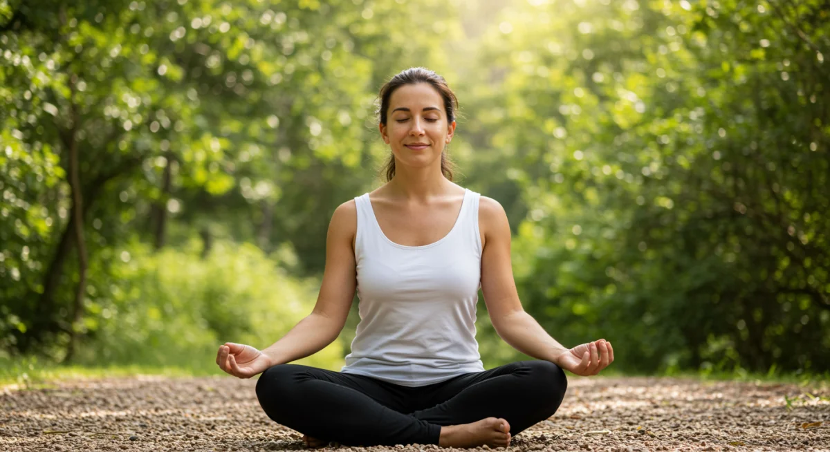 Pessoa meditando em um ambiente natural e tranquilo, com luz solar suave, simbolizando clareza mental e renovação de energia após um processo de detox.