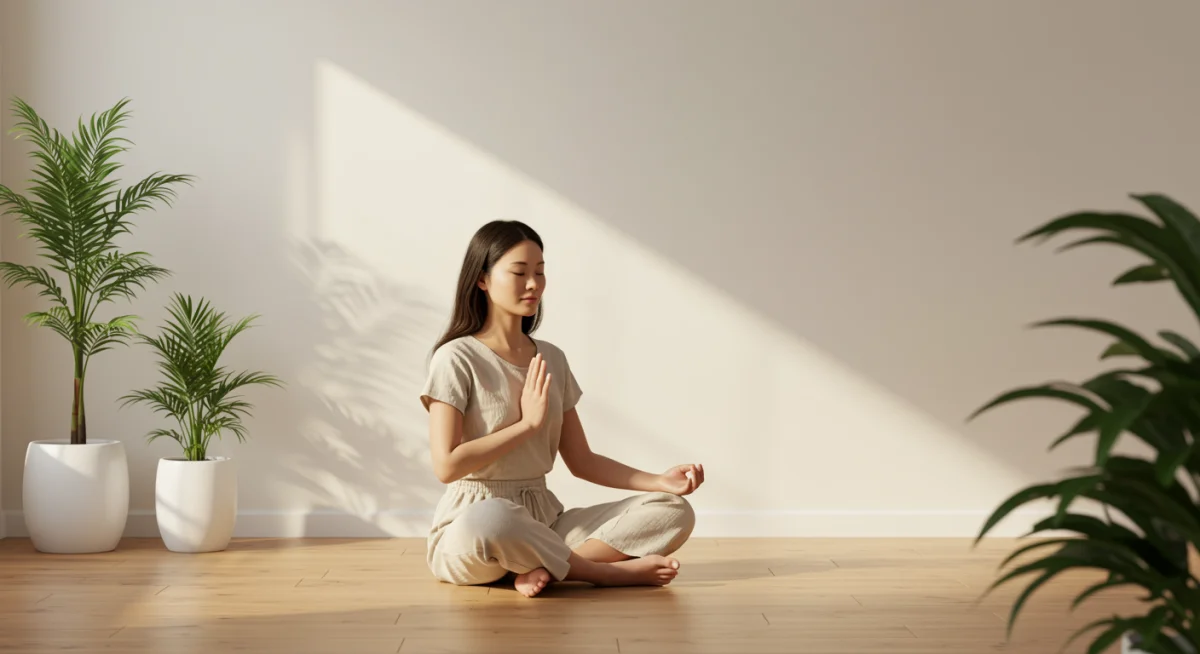 Pessoa meditando em um ambiente calmo, simbolizando a importância da saúde mental para o sono.