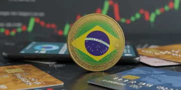 Moeda digital com bandeira do Brasil, cartões de crédito e smartphone, simbolizando o mercado de crédito em 2025 e empréstimos pessoais.