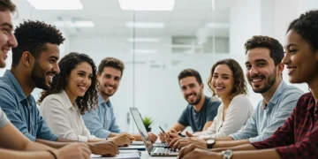 Pessoas diversas trabalhando em um escritório moderno, simbolizando o crescimento do mercado de trabalho formal no Brasil.