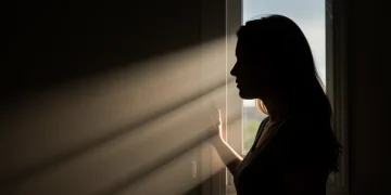 Silhueta de mulher em frente à janela, simbolizando esperança e proteção contra violência doméstica.