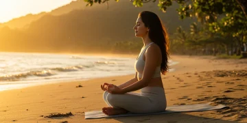 Mulher brasileira meditando ao nascer do sol na praia, transmitindo paz e bem-estar