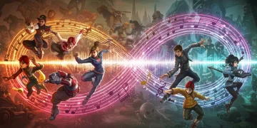 Personagens de jogos eletrônicos envoltos por notas musicais e ondas sonoras, representando a revolução das trilhas sonoras em games de 2024 e seu impacto futuro.