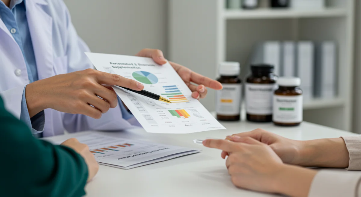 Nutricionista explicando os benefícios dos suplementos alimentares a um cliente em consulta.