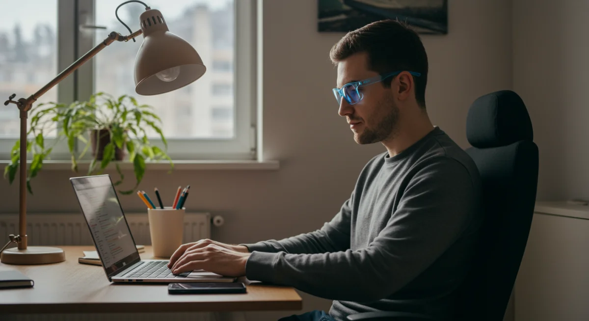 Pessoa usando óculos de bloqueio de luz azul trabalhando em um laptop, com ambiente de trabalho ergonômico e iluminado.