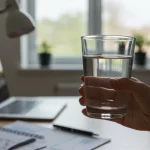 Pessoa bebendo água em um ambiente de trabalho, simbolizando foco e hidratação.