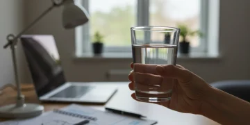 Pessoa bebendo água em um ambiente de trabalho, simbolizando foco e hidratação.