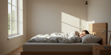 Pessoa dormindo profundamente em um quarto tranquilo e moderno com luz natural suave, simbolizando um sono reparador.