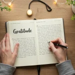 O Poder da Gratidão: Diário de 30 Dias para Transformar Pessoa escrevendo em um diário de gratidão com caneta, em um ambiente tranquilo e com luz suave.