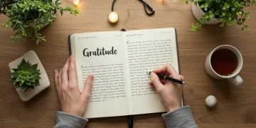 Pessoa escrevendo em um diário de gratidão com caneta, em um ambiente tranquilo e com luz suave.