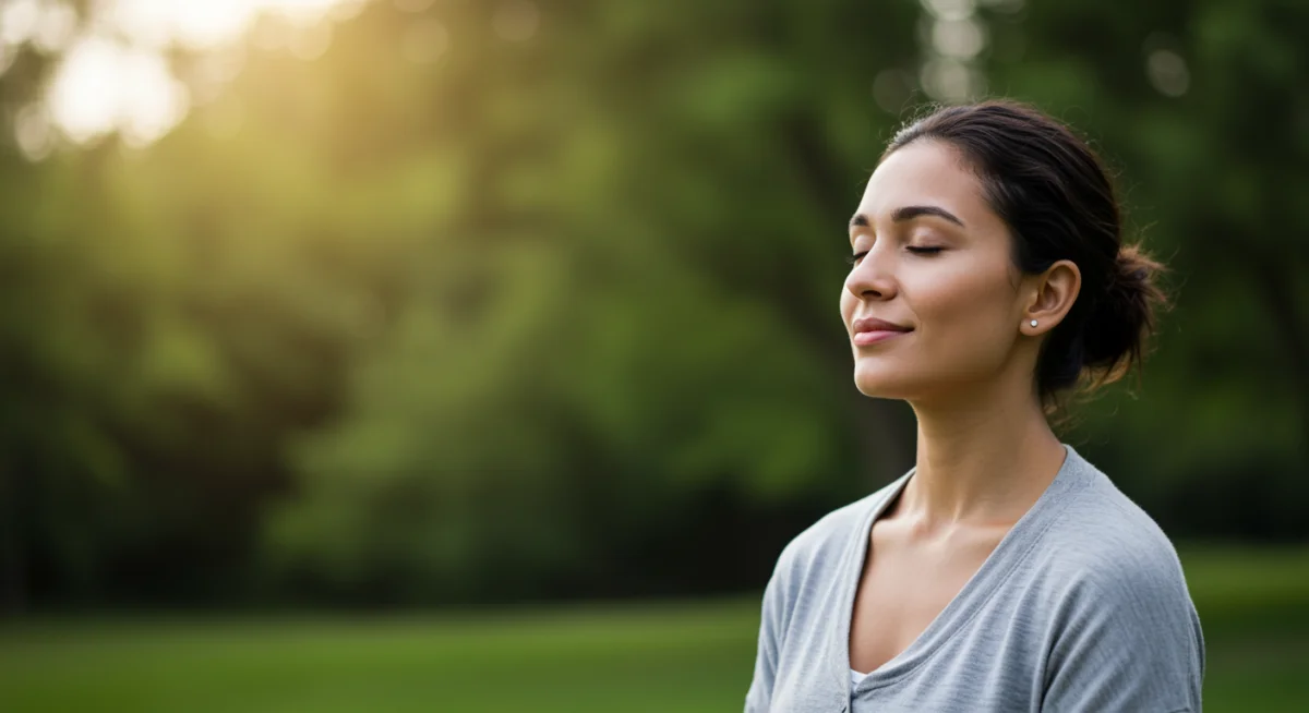 Pessoa meditando em um ambiente natural, transmitindo paz e bem-estar mental.