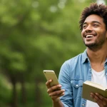 Pessoa sorrindo e lendo um livro, afastada do celular, simbolizando bem-estar digital e humor melhorado.