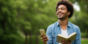 Pessoa sorrindo e lendo um livro, afastada do celular, simbolizando bem-estar digital e humor melhorado.