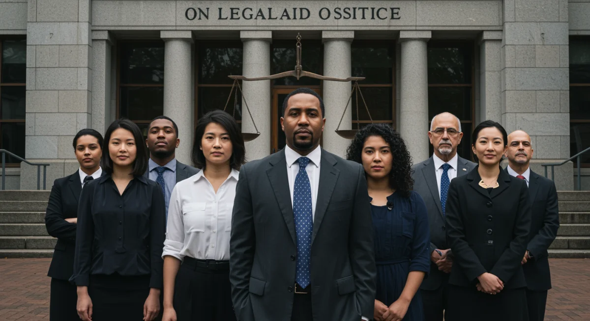 Pessoas diversas em frente a um prédio da justiça, simbolizando a busca por acesso à justiça gratuita e a defesa de direitos.