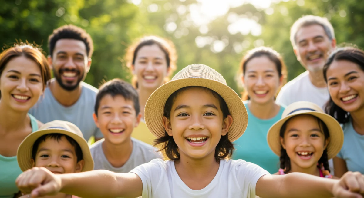 Grupo de pessoas de diferentes idades realizando atividades ao ar livre sob o sol.