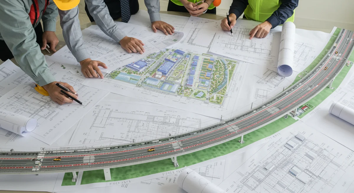Engenheiros analisando plantas de um projeto de infraestrutura de grande escala, como um novo porto ou ferrovia, representando o planejamento estratégico para 2025.
