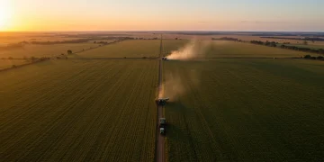 Vasta plantação agrícola brasileira sob o sol nascente, com máquinas colhendo, simbolizando a força das exportações do agronegócio.