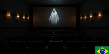 Pôster de filme de terror futurista com elementos de suspense e um toque brasileiro, simbolizando os lançamentos de 2025.